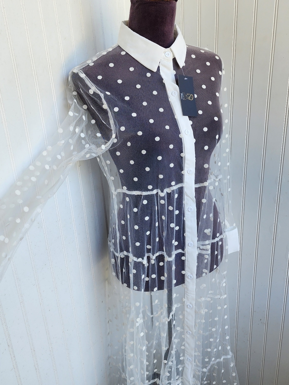 NWT Womens Spotted Design Lace Shirt Dress Cardigan White Sheer Long Sleeve L - Picture 8 of 16